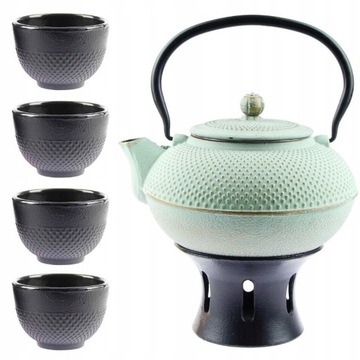 CZAJNIK ŻELIWNY ZESTAW 4x CZARKI PODGRZEWACZ 1,5L