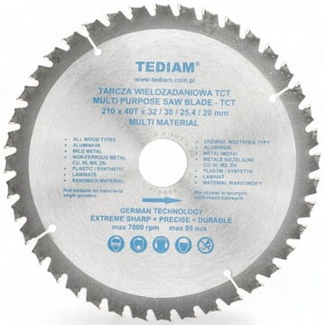 TARCZA TNĄCA PIŁA WIELOZADANIOWA TCT TEDIAM 210x32x40T DO DREWNA METALU