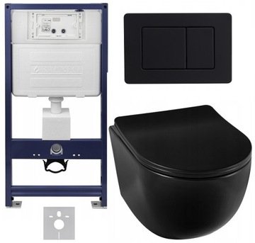 ZESTAW MISA WC RIMLESS CZARNA MAT DESKA SLIM STELAŻ PRZYCISK MATA