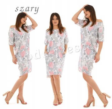 F034 sukienka OVERSIZE kwiaty MIDI lato S/M