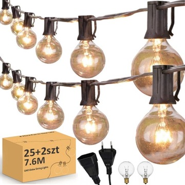 GIRLANDA ŚWIETLNA LAMPKI OGRODOWE ZEWNĘTRZNE 7,6M 25+2 ŻARÓWKI NA BALKON