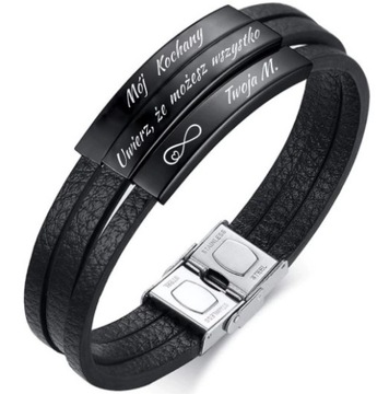 Браслет ТРОЙНОЙ КОЖАНЫЙ с ГРАВИРОВКОЙ, сталь 316L, подарок