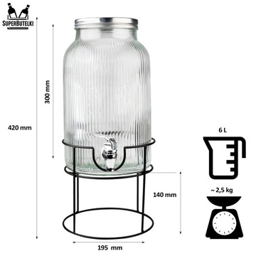SŁÓJ z KRANIKIEM na STOJAKU 6L na LEMONIADĘ SOK DYSTRYBUTOR WODY RYFLOWANY