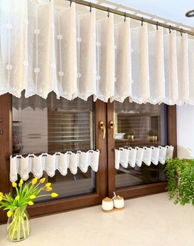 Firanka Kuchnia Biała Zazdrostka Beż Natura Haft wysokość 30 cm