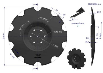 Зубчатый диск Z-10 fi 510 power 6/120, бористая сталь с тиснением WARYŃSKI