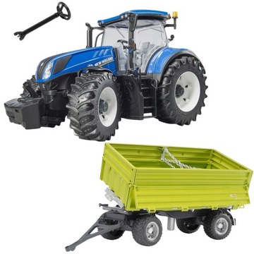 Traktor Bruder New Holland T7.315 Niebieski + Przyczepa Fliegl Trójstronna