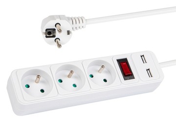 PRZEDŁUŻACZ LISTWA ZASILAJĄCA 3m 3 GNIAZDA Z UZIEMIENIEM WYŁĄCZNIK 2X USB