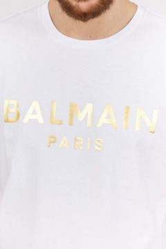 BALMAIN Biały t-shirt męski ze złotym logo r M