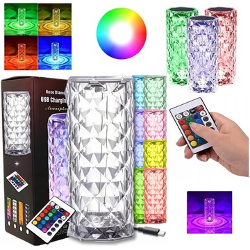 LAMPA KRYSZTAŁOWA LED STOŁOWA DOTYKOWA RGB ŚWIECĄCA RÓŻA KOLORY USB + PILOT