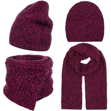 SZALIK CZAPKA BEANIE KOMPLET DAMSKI KOBIECY 30% MOHER BORDO BORDOWY