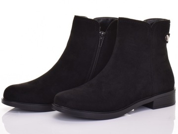 МОДНЫЕ ЖЕНСКИЕ БОТИНКИ-РАКЕТЫ, ЧЕРНАЯ ЗАМШЯ, ПЛОСКИЙ КАБЛУК