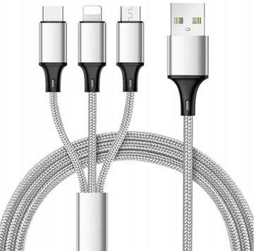 KABEL NYLONOWY 3W1 USB-C MICRO USB APPLE LIGHTNING IPHONE IPAD ANDROID 1.2M