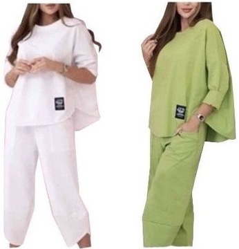 WŁOSKI ELEGANCKI KOMPLET BAWEŁNIANY BLUZKA SPODNIE DRESOWY OVERSIZE M