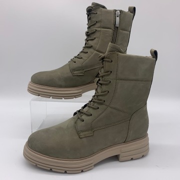 Buty damskie botki ocieplane khaki Tamaris skórzane bikery rozmiar 38