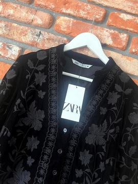 A149 ZARA MARYNARKA KURTKA PŁASZCZ KIMONO HAFTY ŻAKIET VELVET AKSAMIT - L