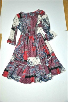 wzorzysta patchwork sukienka falbany Fasardi 36