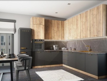 KUCHNIA STYL NOWOCZESNY GRAFIT MAT/HIKORA