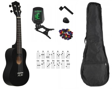 DREWNIANE UKULELE KONCERTOWE RAINBOW BLACK MATT - ZESTAW - PROMOCJA