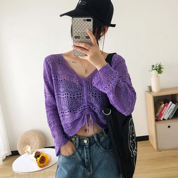 Women Loose Sweaters Sexy V Neck Hollow Out Lace U