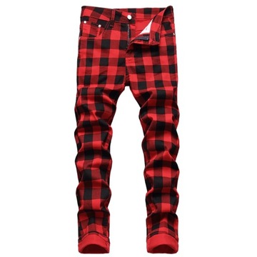 Men Red Plaid Printed Pants Fashion Slim Stretch J