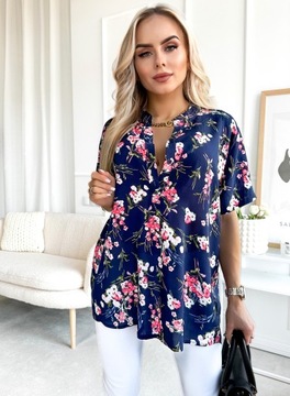 Elegancka BLUZKA DAMSKA wygodna bawełniana modny print kwiaty PLUS SIZE