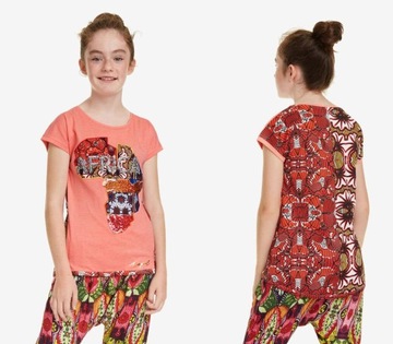 DESIGUAL T-SHIRT KORALOWY NADRUK CEKINY (7-8L)