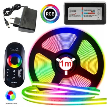 TAŚMA LED RGB COB KOLOROWA Z CZARNYM PILOTEM STEROWNIKIEM I ZASILACZEM 1M