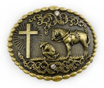 Klamra western brązowa koń z kowbojem