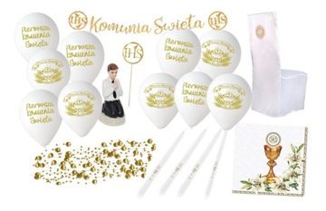 BALONY zestaw na I KOMUNIA ŚW. dekoracja komunijna pokrowiec świece serwetk