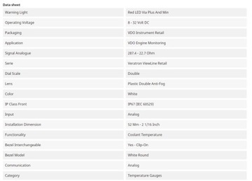 Индикатор температуры VDO A2C59514237 охлаждающая жидкость