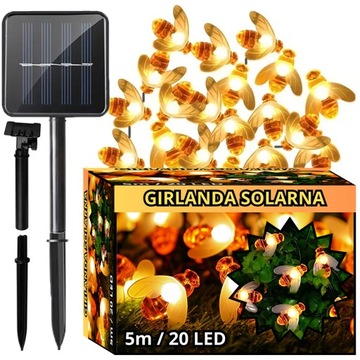 GIRLANDA OGRODOWA SOLARNA | LAMPKI SOLARNE PSZCZOŁY BIAŁY CIEPŁY 5M ZESTAW