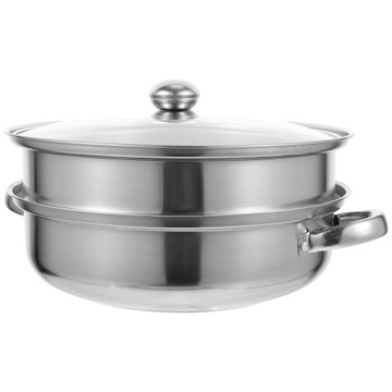 Кастрюля, металлическая корзина, для приготовления на пару пельменей с фруктами.