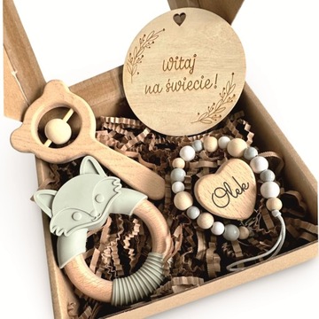 zawieszka do smoczka z imieniem gryzak Zestaw baby shower BABY BOX