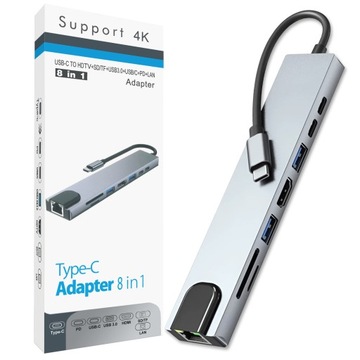 Адаптер HUB Разветвитель USB-C для ноутбука 8в1 USB 3.0 HDMI 4K LAN алюминий 100Вт
