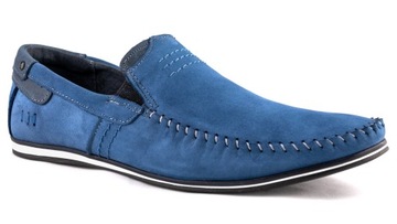 Mokasyny męskie POLSKIE buty skórzane niebieski 42
