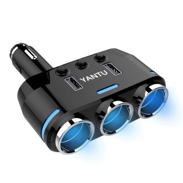 TRÓJNIK ROZGAŁĘŹNIK 3 GNIAZDA ZAPALNICZKI 2x USB
