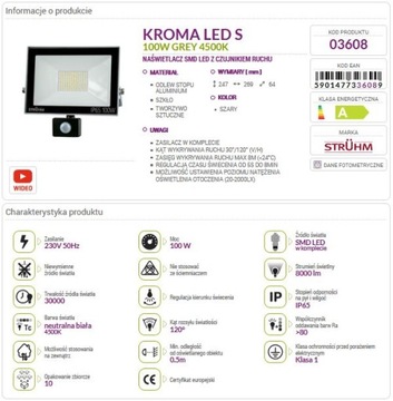 NAŚWIETLACZ HALOGEN LED 100W+CZUJ. RUCHU IDEUS