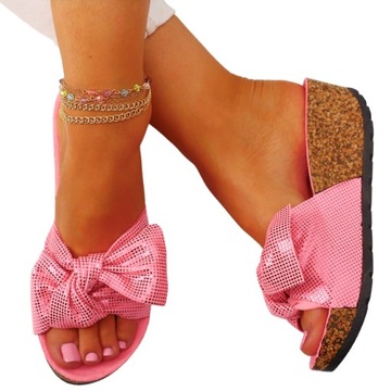 KLAPKI DAMSKIE NA KORKU STYLOWE Z KOKARDĄ