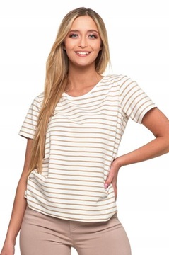 T-shirt klasyczny bawełniany w paski bluzka damska BEŻOWA - 2XL