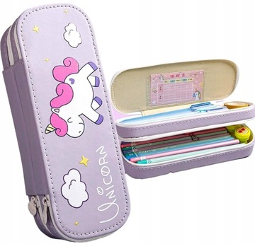 Школьный пенал-единорог с двумя отделениями, фломастерами и мелками.