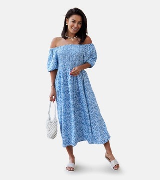 Niebieska sukienka midi w kwiatki Samatzai rozmiar XL/2XL