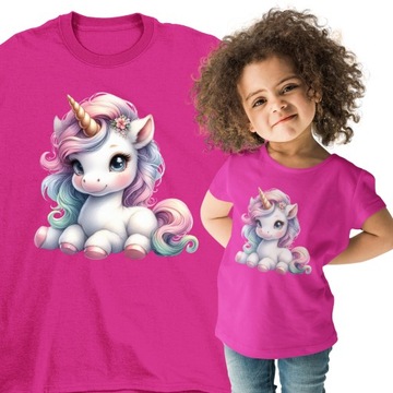 T-SHIRT KOSZULKA DLA DZIEWCZYNKI BAWEŁNA JEDNOROŻEC UNICORN FUKSJA 116 122