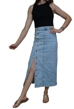 KLASYCZNA DŁUGA SPÓDNICA MIDI JEANSOWA OŁÓWKOWA DOPASOWANA GUZIKI S