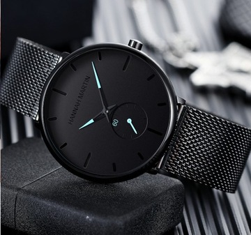 Zegarek męski czarny bransoleta niebieskie dodatki