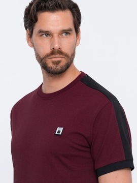 T-shirt męski bawełniany z kontrastującymi wstawkami bordowy V2 S1632 M