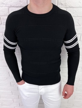 Czarny sweter meski w paski stylovy CHL9010 - XXL