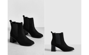 3C5A14 A02 BOOHOO WIDE FIT CZARNE BOTKI NA KLOCKU EKO ZAMSZ 38