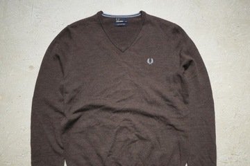 Fred Perry merino sweter brązowy v-neck wełniany męski M