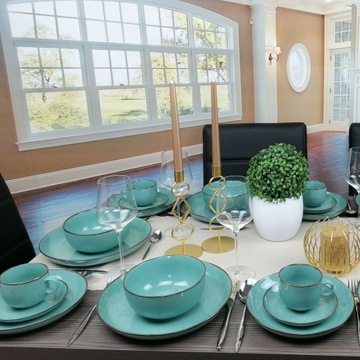 BOGUCICE RUSTIC GREEN ZESTAW OBIADOWY KAWOWY 30 EL na 6 ZIELONY Z MISECZKĄ