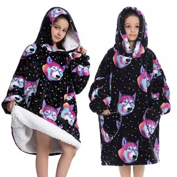 CIEPŁA BLUZA KOC OVERSIZE GRUBA KOCOBLUZA GALAXY WILK Z KAPTUREM DLA DZIECI